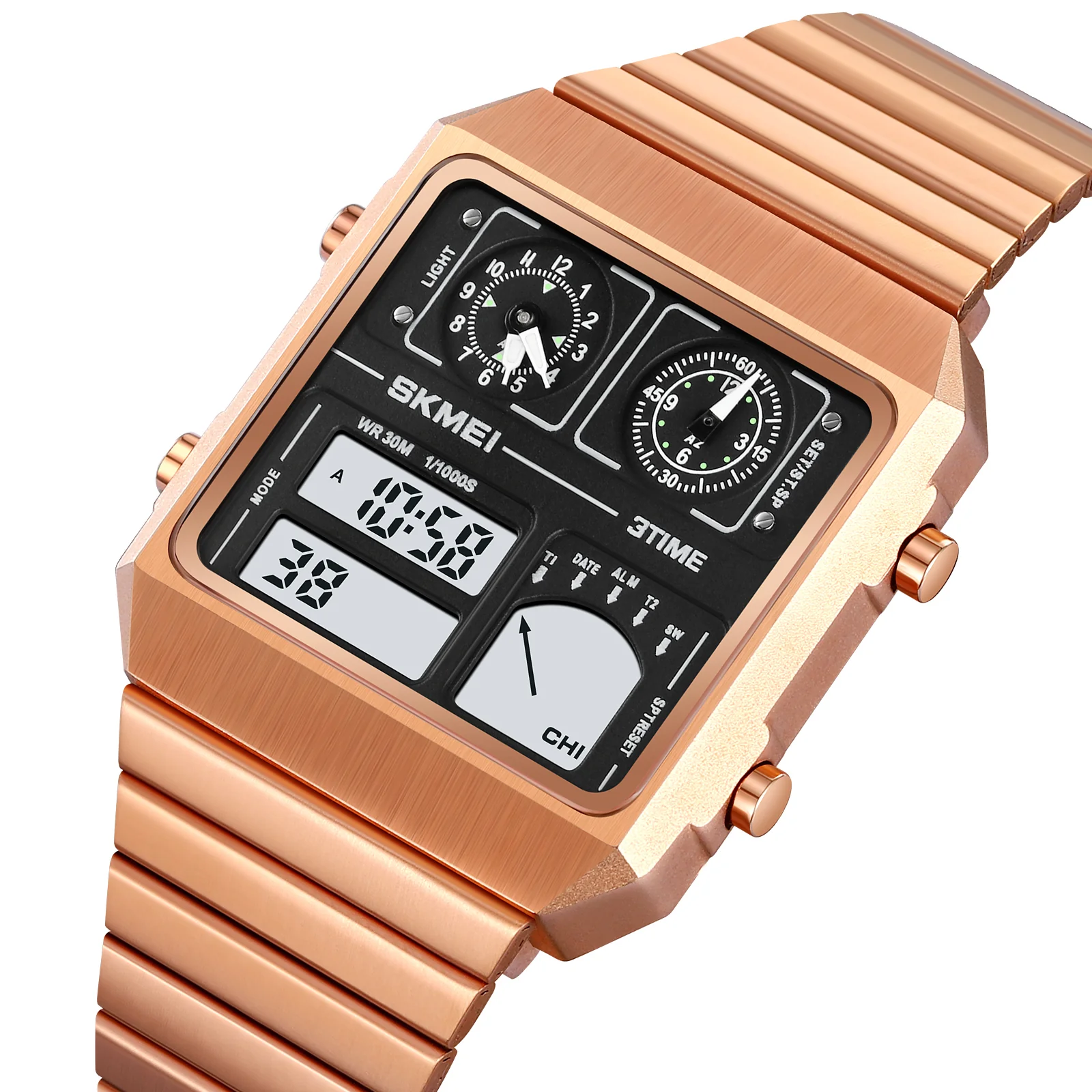 2198 Reloj Skmei para caballero doble hora pulsera de metal - Image 3